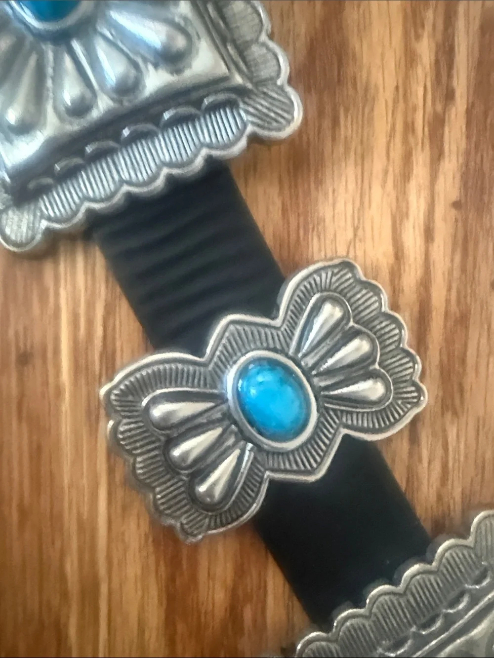 CONCHO belt~ heavy quality~ black leather with silver tune, and turquoise